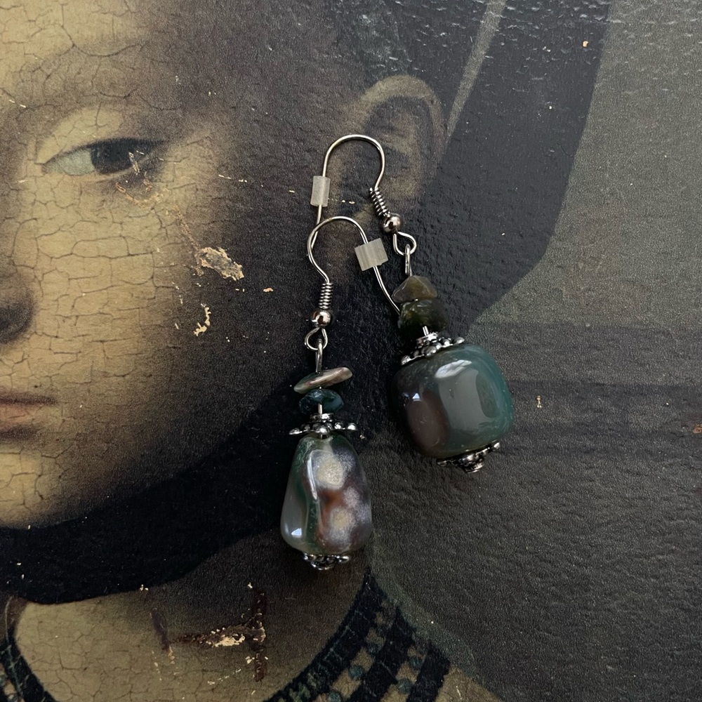 Handmade boho stone beaded silver tone drop dangle earrings dainty hippie